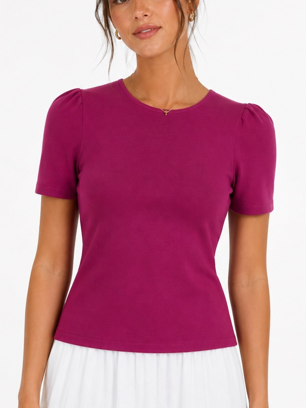J. Crew Fuchsia Short-Sleeve Crewneck Top with Puff Shoulders